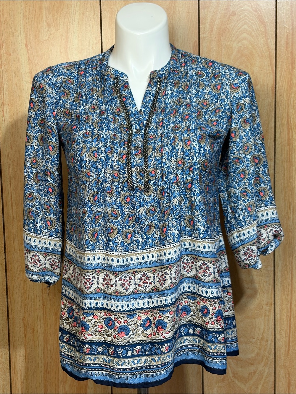 Westport Blue Floral Split-Neck Boho Blouse SZ - M